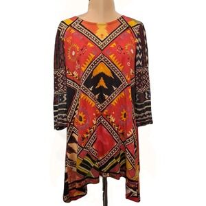 Desigual Womens‎ Maximalist Multicolor Aztec Print Knit Sleeve Shark Bite Blouse